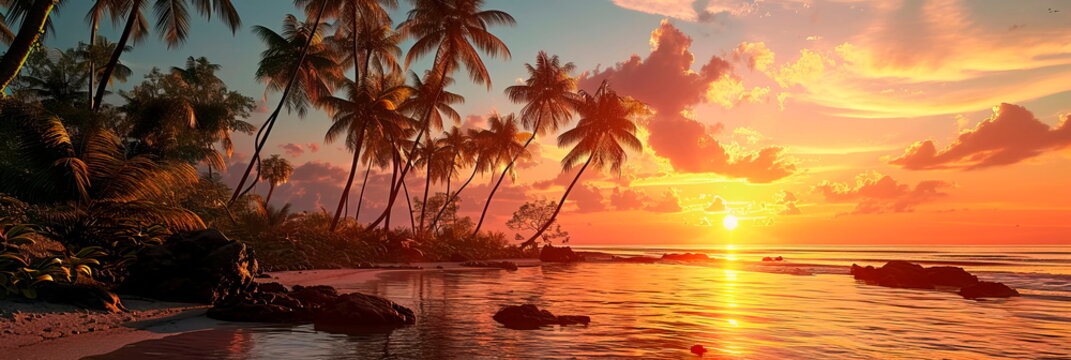 Background with a tropical setting, featuring palm trees, exotic flowers, and a sunset on the beach. Generative AI