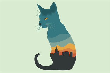 A multi-colored cat sits and a silhouette of a city with skyscrapers on the cat