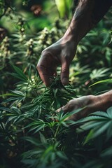 Hands of agronomist picking up green marijuana leaves, farmer harvesting at hemp field. Cannabis sativa plantation in background, medical product, banner with copyspace for text