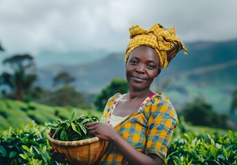 Portrait of smiling Nigerian African agronomist holding a basket with green tea leaves, farmer standing by tea field, beautiful sunny landscape plantation in background, banner with copyspace for text