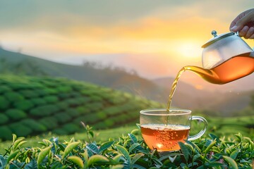 Glass teapot pours hot tea into transparent cup on wooden table with fresh leaves on tea plantation, sunny field background with copy space for text, product advertisement. Time of Tea concept 