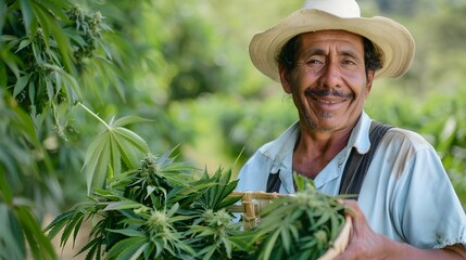 Portrait of smiling senior Colombian agronomist holding a basket with green marijuana leaves, farmer standing by hemp field. Cannabis sativa plantation in background, banner with copyspace for text
