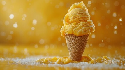 A corn fruit with an ice cream cone floating on a yellow background represents a minimal concept of fruit. - obrazy, fototapety, plakaty
