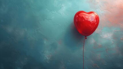 The concept of a tiny red heart balloon on a pastel blue background is a minimal one. - obrazy, fototapety, plakaty