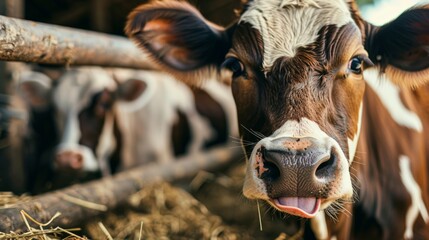 cow, standing in a fenced stable on the farm while looking at the camera with its tongue out generative ai