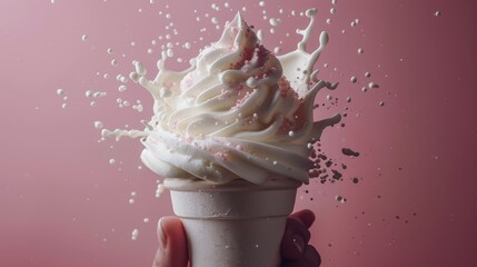 The ice cream is white on a pink background. This idea is minimal and creative. - obrazy, fototapety, plakaty