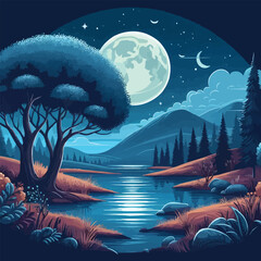 free vector Night landscape and river with full moon and tree