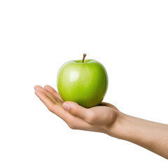 A mans hand holding a fresh green apple against a transparent background