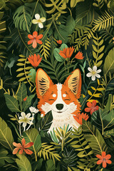 Cute corgi dog sitting among tropical plant and flowers in the forest, greeting card, wallpaper illustration - 784668375