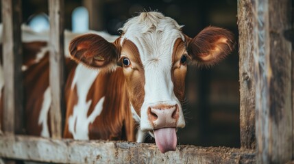 cow, standing in a fenced stable on the farm while looking at the camera with its tongue out generative ai