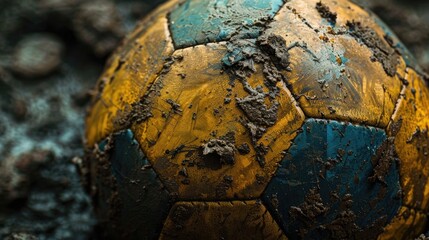 Detailed close-up of an old, worn soccer ball, highlighting the faded colors and scratches, captured on a muddy field background