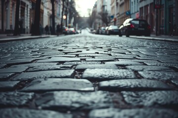 Cobblestone street view in city perspective