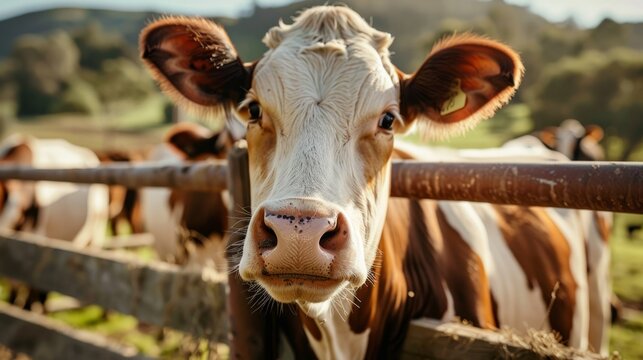 cow, standing in a fenced stable on the farm while looking at the camera with its tongue out generative ai
