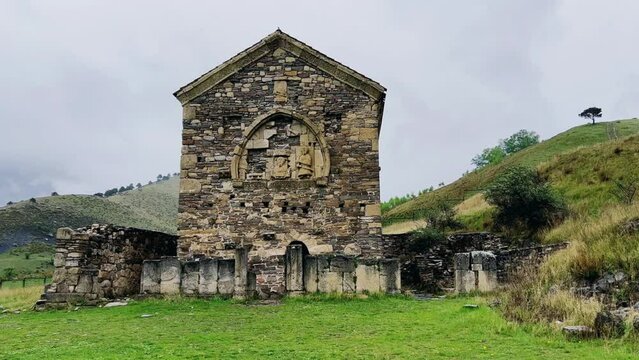 Thaba-Yerdy in Ingushetia. ZEISS, RUSSIA - MAY 19, 2023: Video of the Thaba-Yerdy Temple, the oldest temple in Ingushetia. The Caucasus Mountains. 4K	