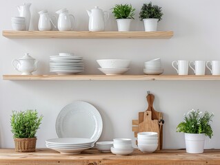 Fototapeta na wymiar Scandinavian minimalist design in interior of apartment, flat for rent or sale and home blog. Modern plates and cups, kitchen utensils, potted plants on wooden shelves, on light wall, empty space 
