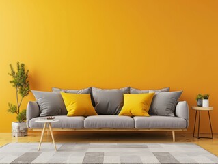 Scandinavian interior design of modern living room, home. Cozy sofa with grey and yellow pillows and side table near yellow and grey wall with copy space. 