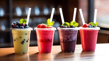 Fruit smoothies in plastic cups on wooden table in kitchen. - obrazy, fototapety, plakaty