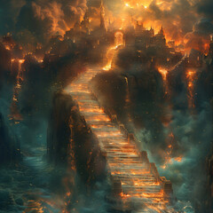 flaming castle with bridge