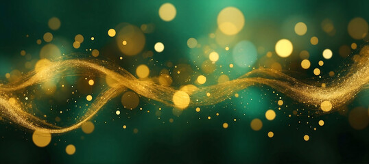 Abstract blur bokeh banner background. Gold bokeh on a defocused emerald green background
