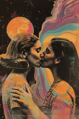Psychedelic collage of two women kissing each other with love and affection - 784669389