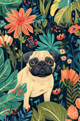 Cute pug dog sitting among tropical plant and flowers in the forest, greeting card, wallpaper illustration - 784669539