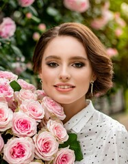  Beautiful white girl with flowers. Stunning brunette girl with big bouquet flowers of pink roses