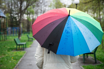 Woman holding colorful umbrella in park , rear view