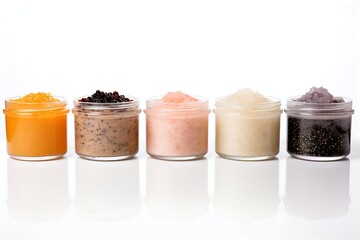 White background with various jarred body scrubs