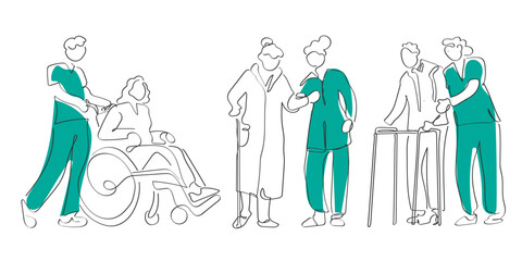 Hand drawn line art vector of Hospice care. Nurse and patients concept. Hospital care for elderly and patients in recovery.