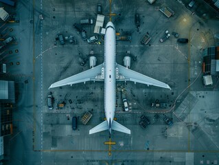 Top down view on commercial airplane docking in terminal in the parking lot of the airport apron, waiting for services maintenance, refilling fuel services after airspace lock down 