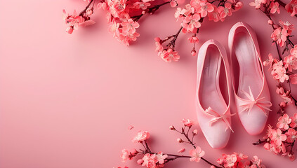 Ballet flats on a pink background with the inscription 8 march, representing the concept of International Women's Day. Suitable for women's day promotions or social media posts.