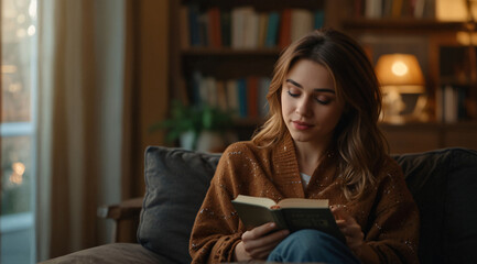 a beautiful woman is sitting in the living room, reading a book with great interest, the background is the interior of the living room