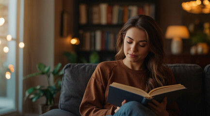 a beautiful woman is sitting in the living room, reading a book with great interest, the background is the interior of the living room