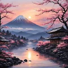 Fototapete Rund Serene landscape with mountain, pagoda in background. Sky is filled with beautiful pink hue, and moon is shining brightly. Concept of peace, tranquility.For art, creative projects, fashion, magazines. © Anzelika