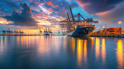 Fototapeta na wymiar Cargo ship docked at a bustling international port at dusk cranes in action