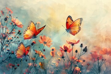 Three butterflies are flying over a field of flowers