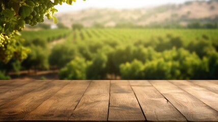Naklejka na ściany i meble The empty wooden table top with blur background of vineyard. Exuberant image. generative AI