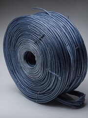 Large roll of blue steel wire captures attention, meticulously coiled into circular shape, showcasing intricate pattern of lines, curves. Wire tightly wound, with each strand closely aligned to next.