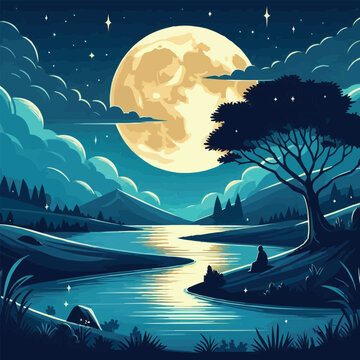 free vector Night landscape and river with full moon and tree