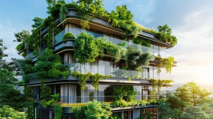 Eco-friendly featuring sustainable building with green environment and trees. hyper realistic 