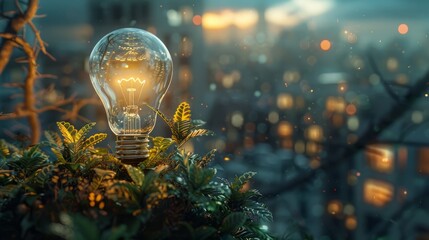 Energy consumption and CO2 gas emissions are increasing light bulb with green eco city , Renewable energy by 2050 Carbon neutral energy , Save energy creative idea concept , Generative Ai. - obrazy, fototapety, plakaty