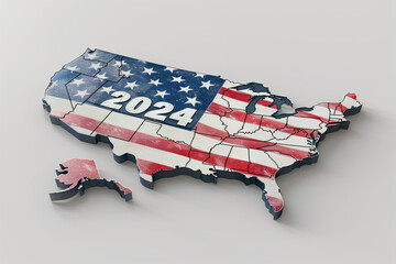 Map of the United States of America in 3d style with an american flag and 2024 written on it, white background - 784671522