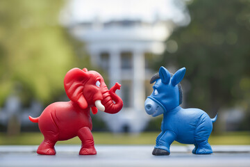 Figures Red elephant and blue donkey, symbolize political parties in the US, facing off outside the White House in blur background. Shallow depth of field - 784671543