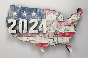Map of the United States of America in 3d style with an american flag and 2024 written on it, white background - 784671553