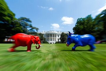 Red elephant and blue donkey, symbolize political parties in the US, facing off outside the White House with a motion blur background. Shallow depth of field - 784671565