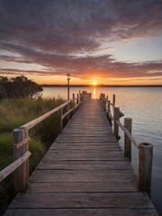 Fototapeta na wymiar Breathtaking sunset paints sky with hues of orange, purple, casting warm glow that illuminates wooden dock extending into calm lake. Dock, made of weathered planks, bordered by sturdy posts, ropes.