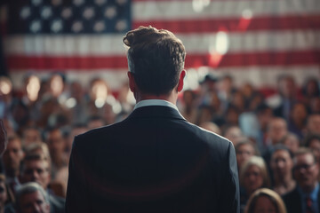 Rear view of a man in suit is standing at the podium, giving a speech to people in the background of american flag in blur. Shallow depth of field