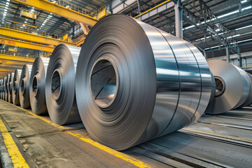 Rows of shiny rolled steel coils,  stacked in industrial warehouse of a metal factory, metalwork manufacture