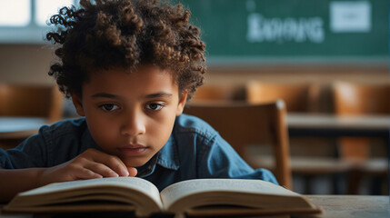 close up of a child focused on reading a book in class, sitting alone at a desk, with a blackboard...
