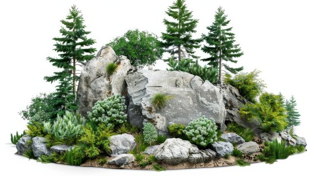 rock surrounded by fir trees. on white background generative ai